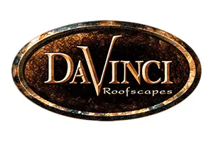 Logo of DaVinci Roofscapes with a dark brown oval background.
