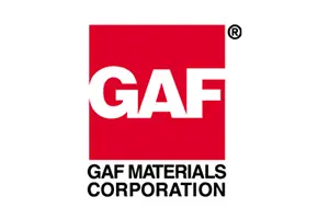 Logo of GAF Materials Corporation in red and white.